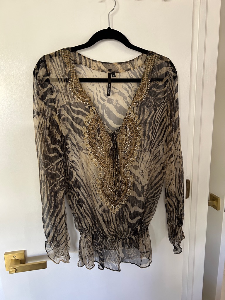 Beaded Sheer Animal-Print V-Neck Blouse - Black & Tan